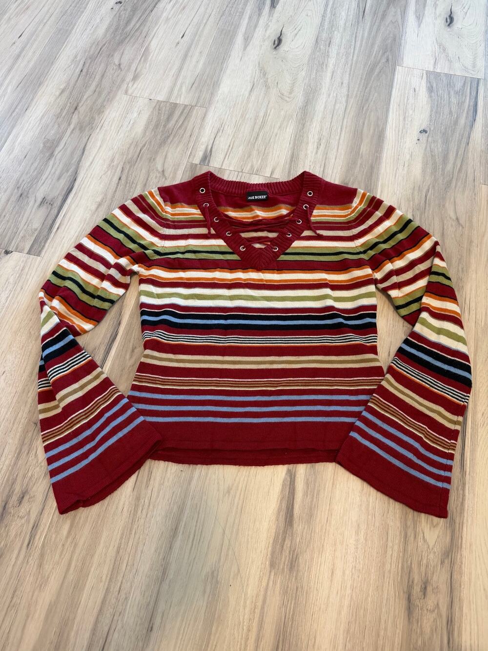 Women's Large Joe Boxer Y2K Striped Sweater Lace Front V-Neck Flared Bell Sleeve